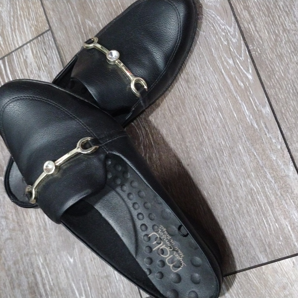 Malu black and gold low heel mules. Size 9